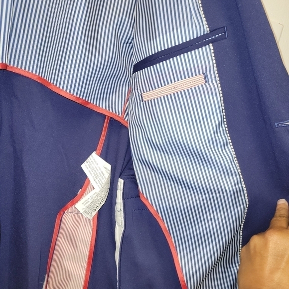 ZARA Man Navy Blue Slim Fit Blazer Jacket White Elbow Patch US Size 54 - Picture 10 of 16